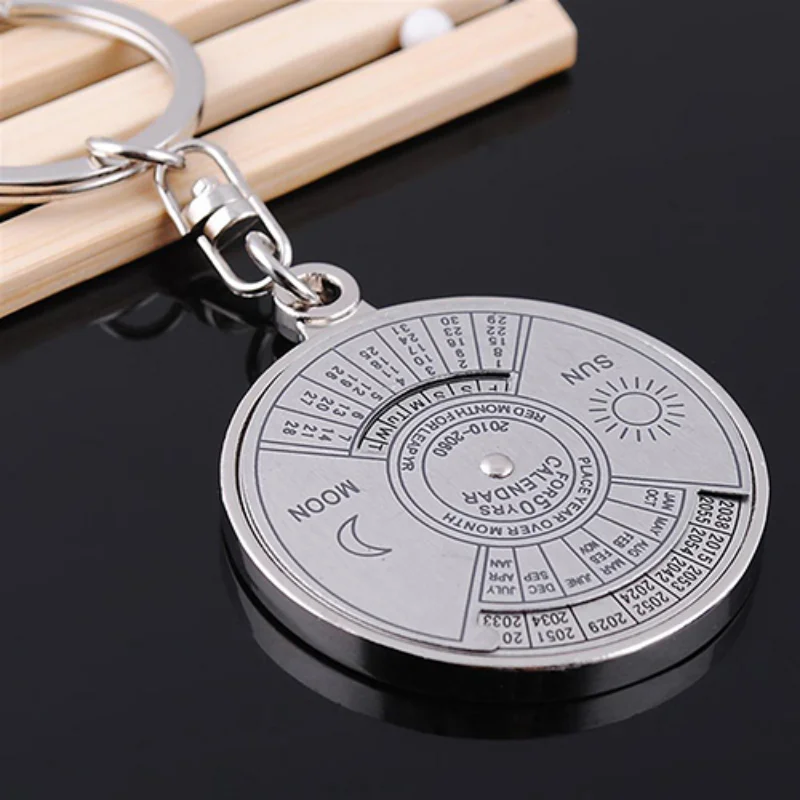 

Perpetual Calendar Keychain Metal English Compass Keyring Silver Alloy Key Ring Keyfob Car Interior Decor for Men Women Gift