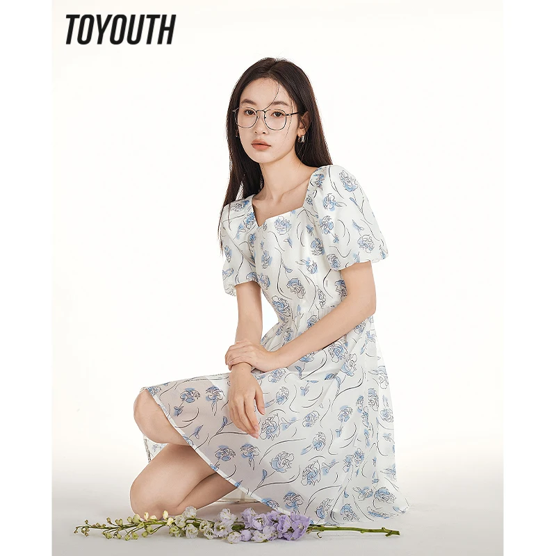 Toyouth Women Dress 2023 Summer Puff Sleeve Square Neck Slim Waist A-shaped Full Floral Print Fashion Romantic Holiday Skirt