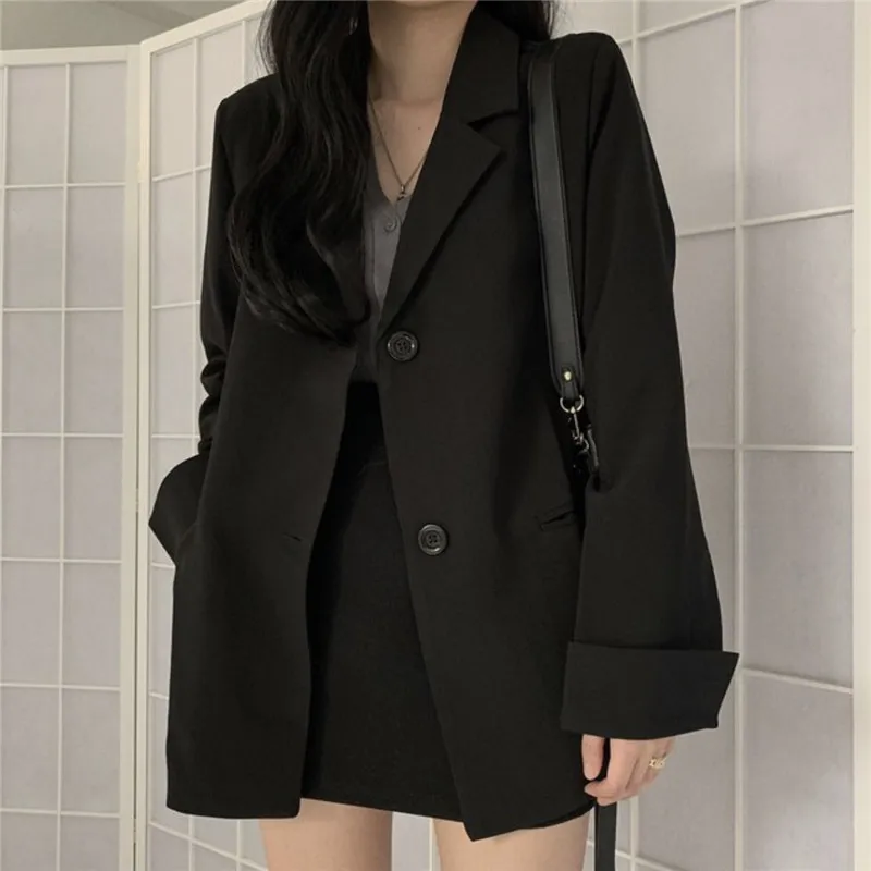 

2022 Black Suit Women's Autumn and Winter Thin Loose Mid-Length Simple Suit Jacket Cardigan Women's Clothing