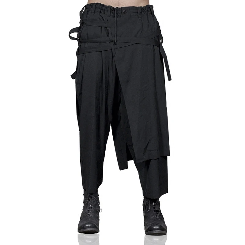 New Men's Pants Loose Multi layered Personalized Harem Pants Japanese Fashion Fake Two Piece Skirt Pants for Men