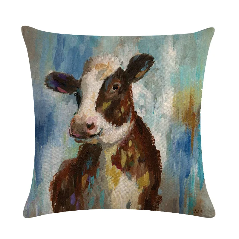 Oil Painting Cushion Cover Cow Rooster 45*45 Decorative Pillows Nordic Home Decor images - 6