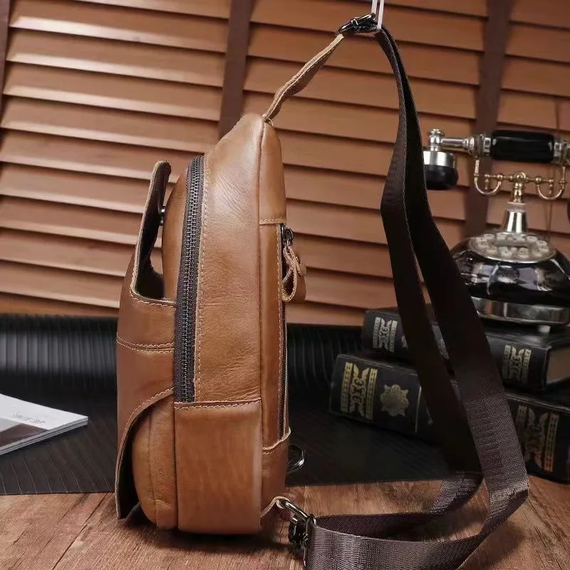 Fashion Men Genuine Leather Chest Pack Luxury Cowhide Shoulder Crossbody Bag Travel Chest Bag Casual Chest Sling Bag For Male