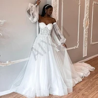 fashion wedding dresses appliques illusion bride gowns strapless detachable puffy sleeve a line tulle luxury robe de mariee