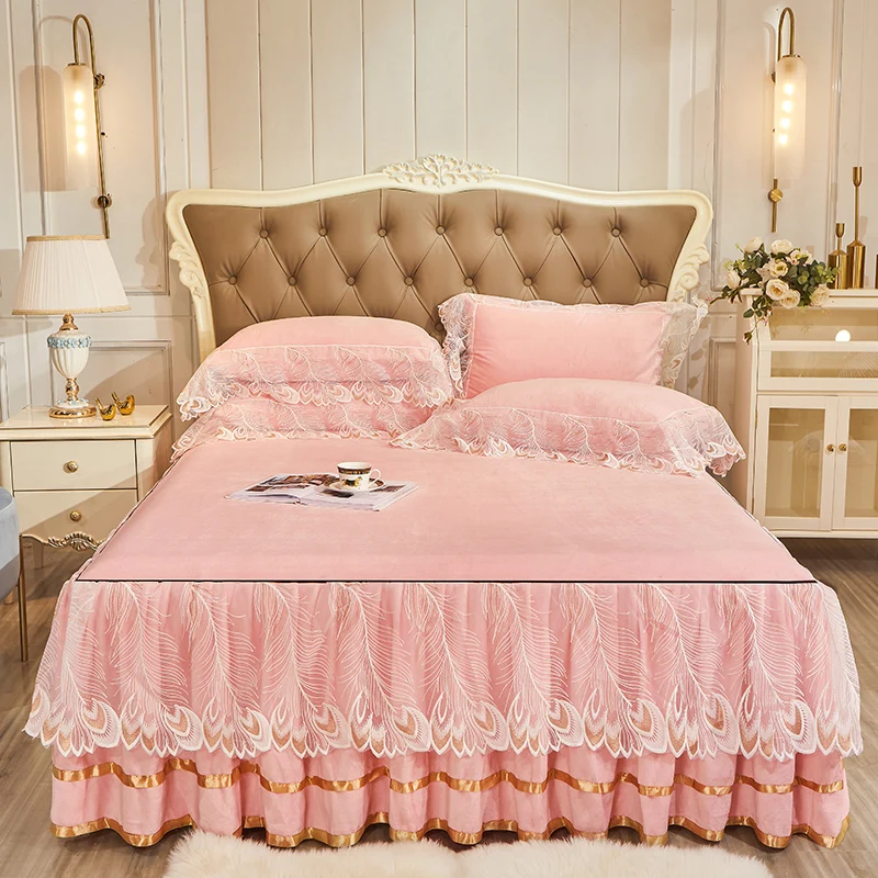 

Princess Lace Milk Velvet Bed Skirt with Pillowcase for Girls Mat Bed Sheet Skirt Bedding Bedspreads Bed Cover Non-Slip Sheet