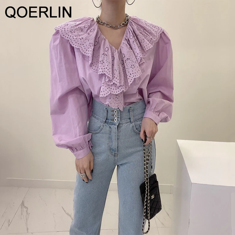 

QOERLIN V-Neck White Shirts Long Sleeve Korean Fashion Hollow Out Ruffle Blouse Loose Casual 2022 Embroidered Black Blouse