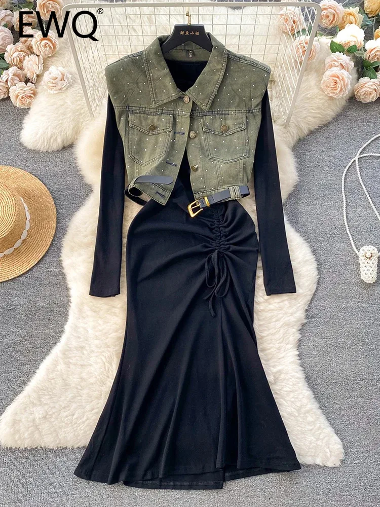 

EWQ Vintage Two Piece Set For Women Drawstring Dresses + Denim Patchwork Lapel Single-breasted Vest Suit Winter Spring 2024 New