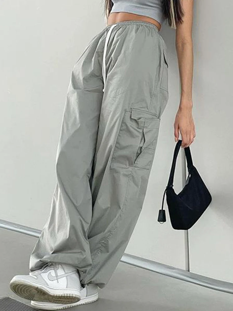 

Women's High Waist Cargo Pants Fashion Hip Hop Drawstring Streetwear Baggy Straight Sport Trousers Simple Ladies Casual Pant