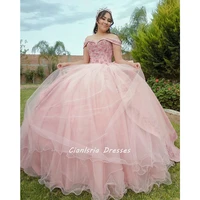 pink off the shoulder tiered skirt ball gown quinceanera dresses handmade flowers appliques vestidos de quincea%c3%b1era 15 %c3%b1era