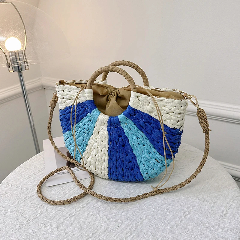 

2023 Summer Bohemian Hand-woven Straw Bag Fashion Round Handle Women's Contrasting Colors Shoulder Bag Beach Seaside Tote Bag