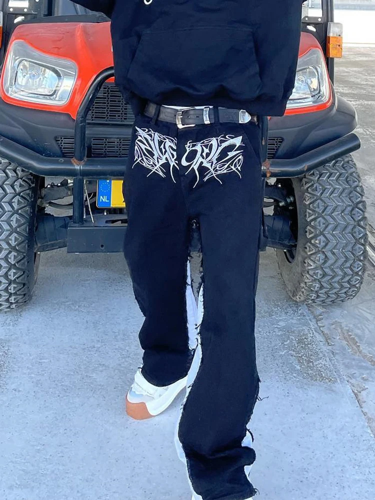 Men's Pants Punk Fashion Printed Loose Pantalones Hombre Patchwork Trousers Mid Waist Black Spliced Strap Straight Baggy Jeans