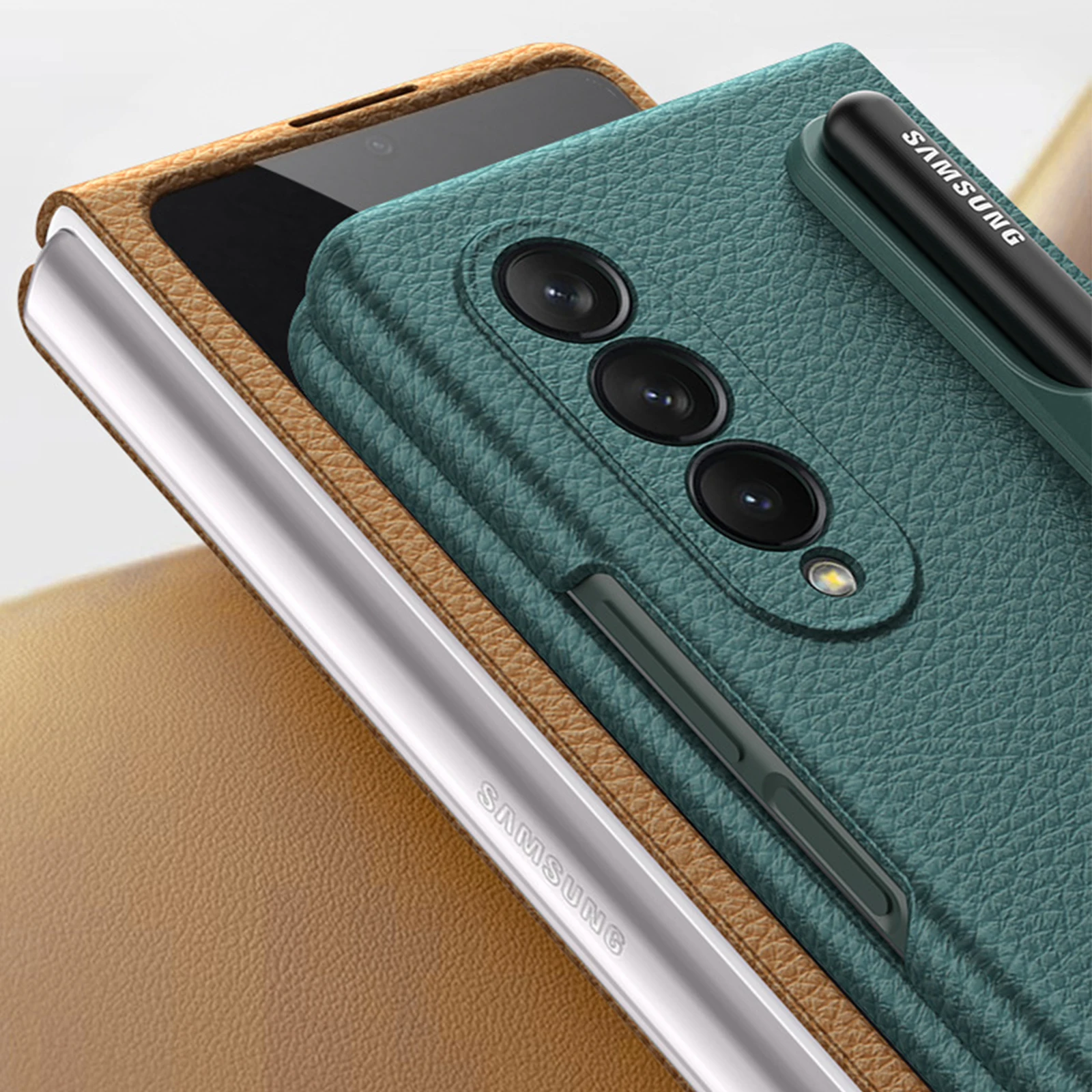 Luxury Business Leather Case for Samsung Galaxy Z Fold 3 with Detachable S Pen Holder Full Body Shockproof Slim Protective Cover