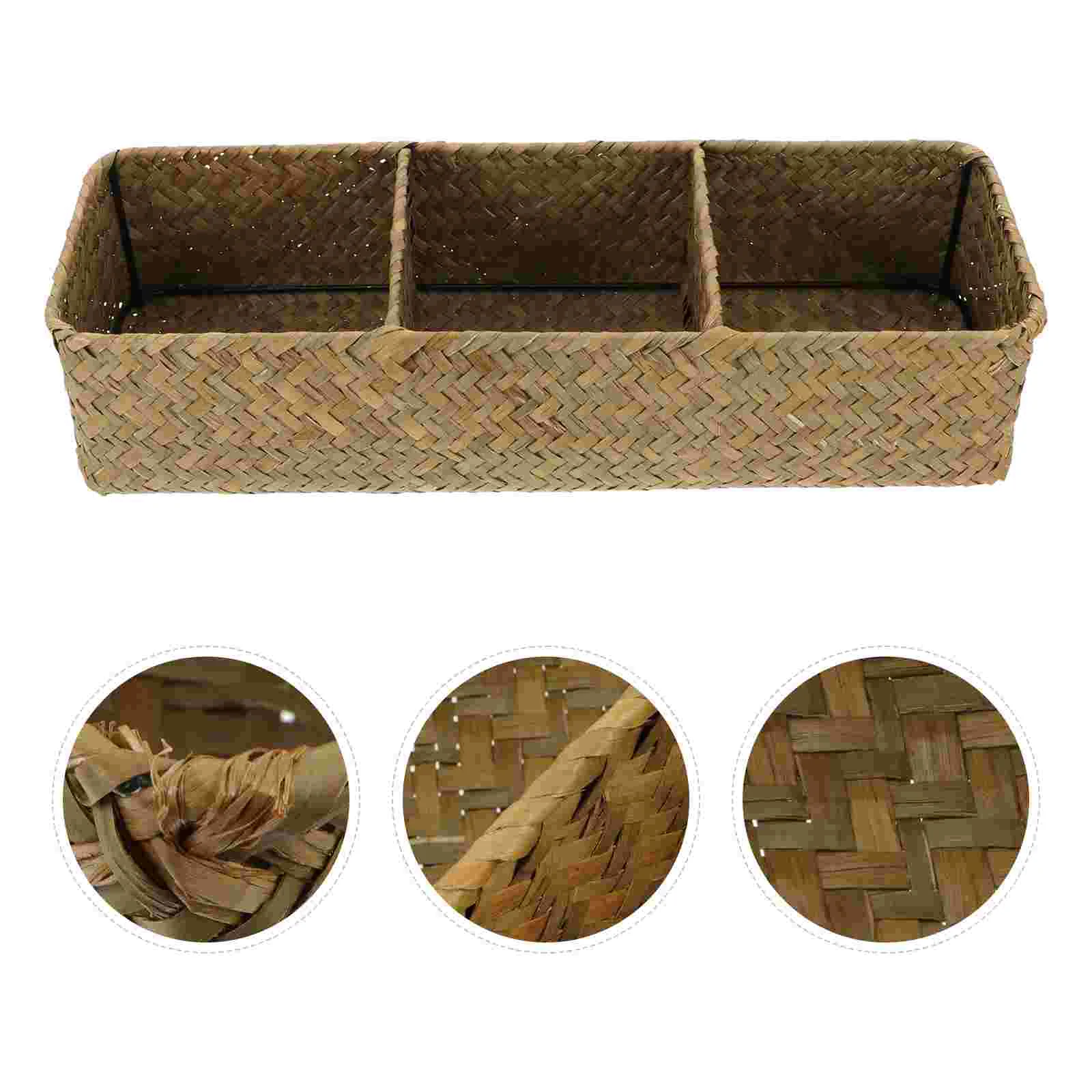 

1pc 3 Compartments Home Storage Box Sea Grass Woven Sundries Storage Case