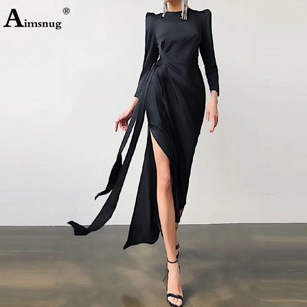 

Aimsnug High Spit Perspective Thin Female Boho Solid Black Dress Round Neck Embroidery Sashes Bilateral split 2022 Women Dresses