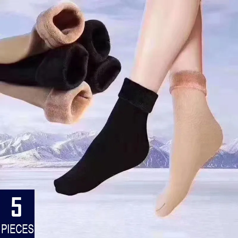 

5pairs/lot Winter Warm Solid Women Socks Thicken Thermal Socks Wool Cashmere Black Skin Seamless Snow Sock Velvet Unisex Socks