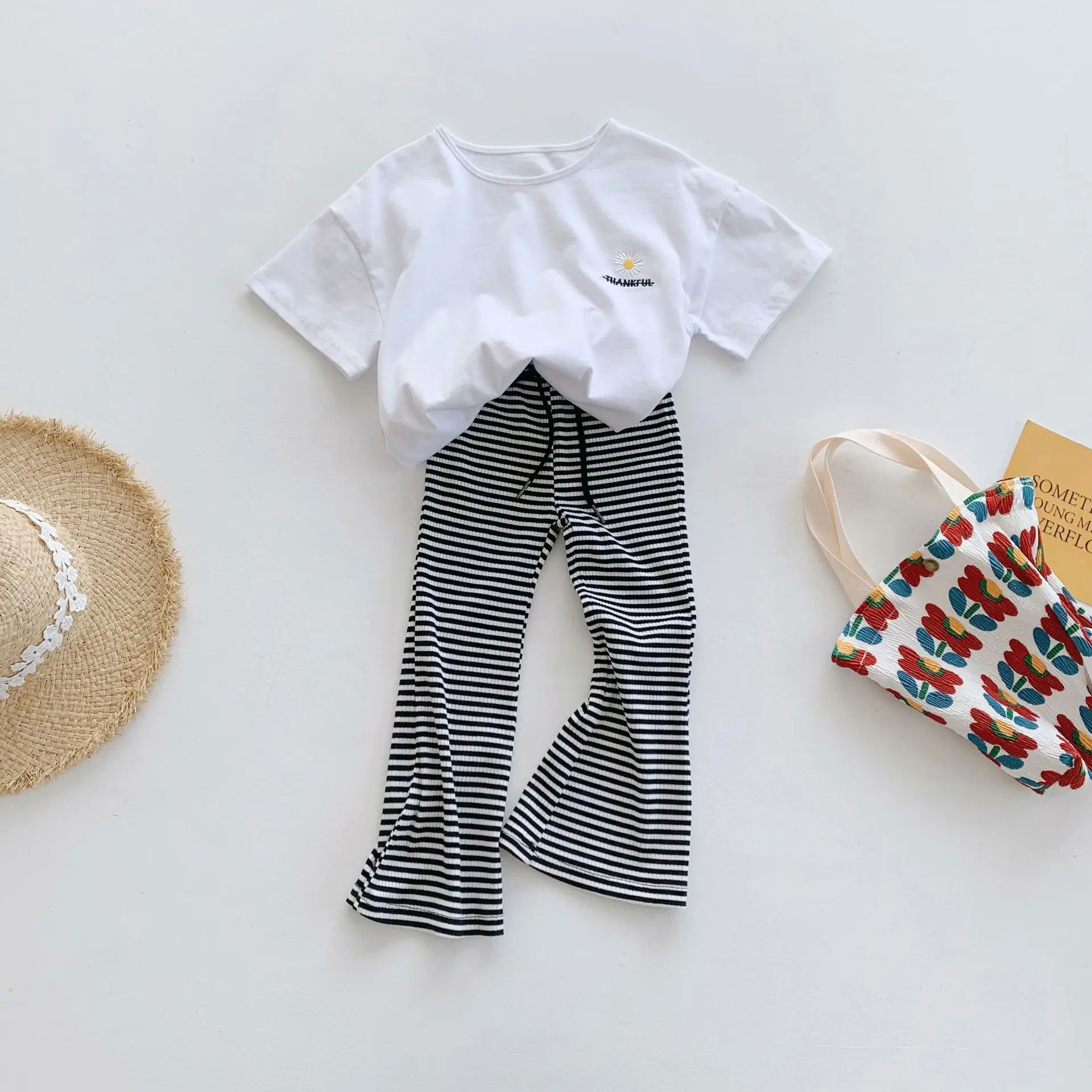 

Одежда для девочек 2022, полоски для детей, летняя футболка, брюки для девочек