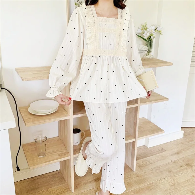 Women's Pajamas Set Full Sleeve T-shirt Long Pants 2Piece/Set Sexy Polka Dot Cotton Pyjama Big Size Princess Homewear Lace PJS