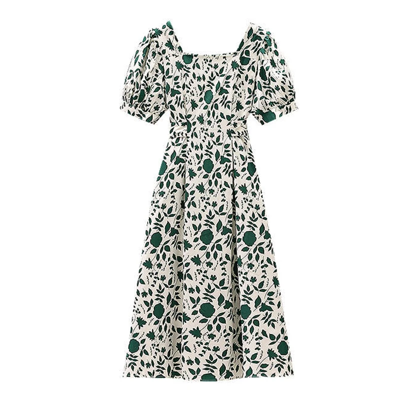 

2021 Summer Fashion Women Green Floral Print Retro Dress Puff Long Sleeve Square Collar Knee-Length Ladies Vintage Dress