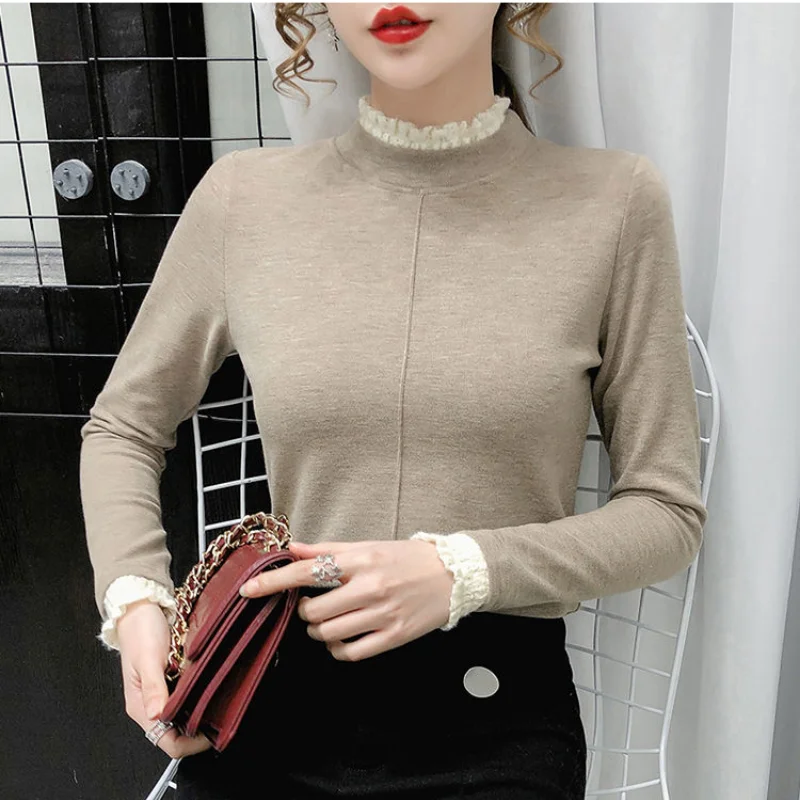 

2021 autumn and winter fashion new half-high collar western lace trim bottoming solid color blouse women all-match