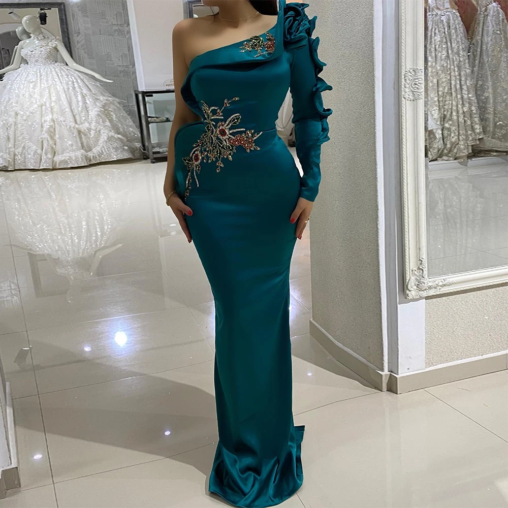 

2022 Mermaid Prom Dresses One Shoulder Long Sleeve Modern Promg Gown for Women Beading Ruffle Luxury Wedding Party Dresses Long