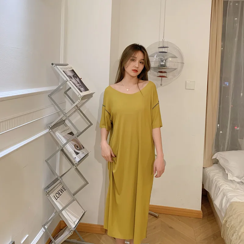 Fdfklak Casual Korean Women's Long Night Dress Loose Short Sleeve Nightgowns Femme V Neck Modal Comfortable Sleep Nightshirt