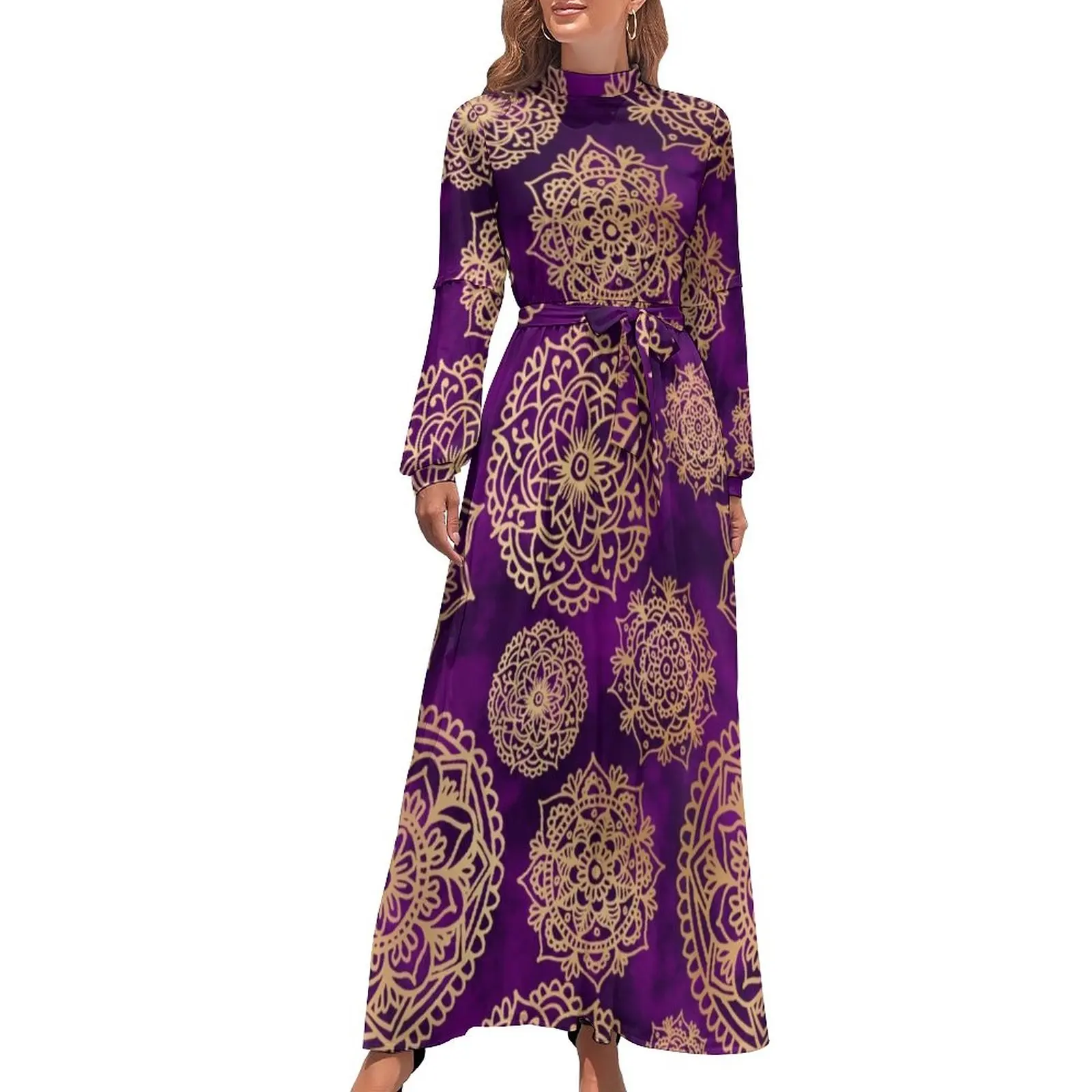 

Платье-макси с высокой талией, длинным рукавом и винтажным принтом