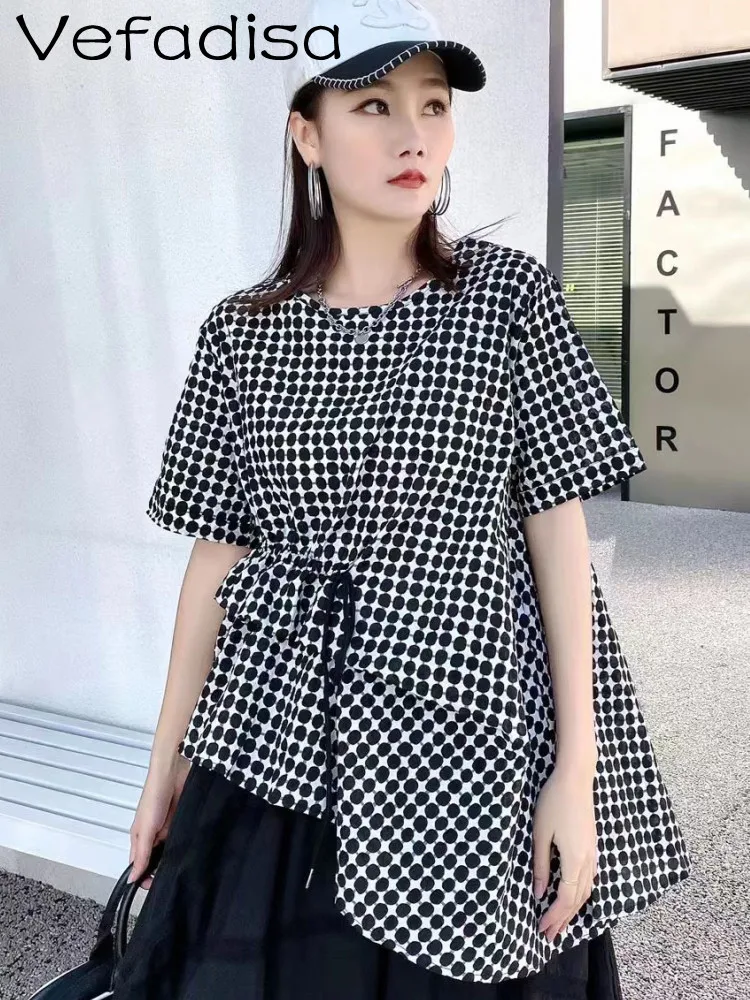

Vefadisa 2023 Summer New Pullover Thin T-shirt Women Short Sleeve Irregular Design Wave Point Solid Color Elegant Top LWL302