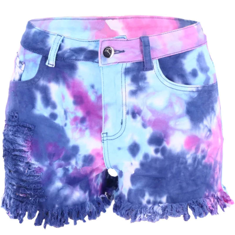 Rainbow Color Rendering Denim Shorts for Women Tie Dye Fashion Pants Slim High Street Sofy and Comfortable Jeans Free Shipping