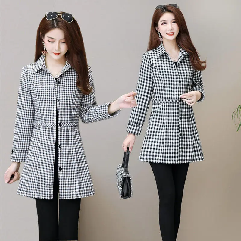 

2022 Spring Autumn Women New Single Breasted Plaid Shirt Female Long Sleeve Slim Blouses Ladies Mid-length Casual Shirts U282