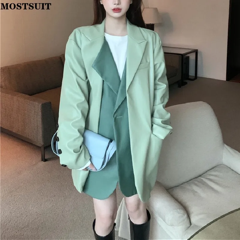 

Женский винтажный блейзер из искусственной кожи, свободный блейзер с длинным рукавом и английским воротником, модель 2022 на весну и осень