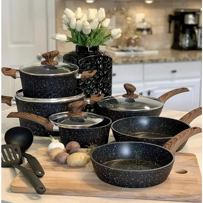 

Набор индукционной посуды-набор из 12 предметов для приготовления пищи, комплект из черных антипригарных кастрюль и сковородок из гранита