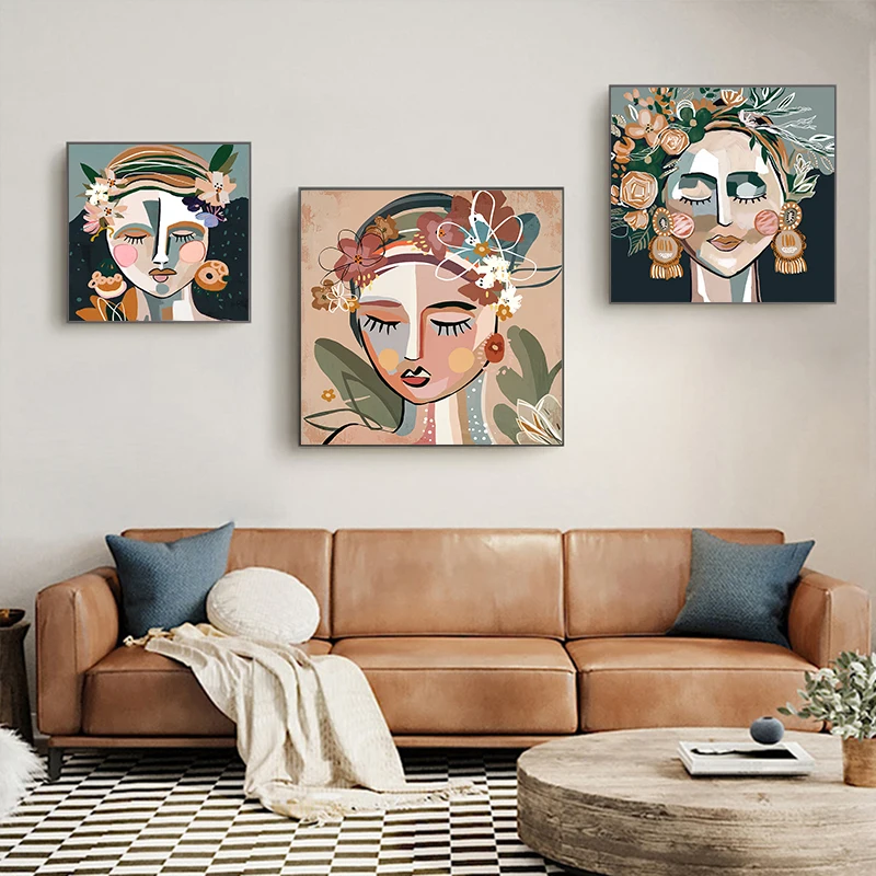 

Wall Pictures For Living Room Salon Home Decor Wall Art Canvas Painting Flower Girl Abstract Face Nordic Posters And Prints