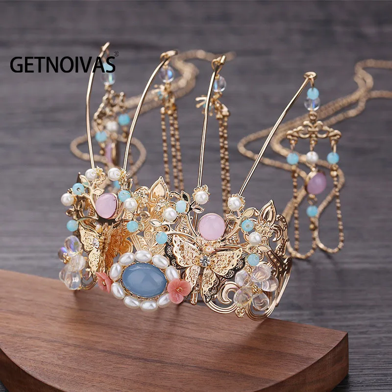 Антикварный головной убор Hanfu Phoenix золотого цвета свадебные аксессуары для волос