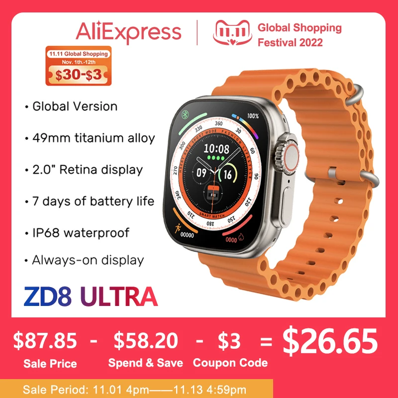 

2022 ZD8 Ultra 49mm Smart Watch Series 8 1:1 Case 2.0" HD Screen Sport Tracket Smartwatch Men Bluetooth Call ECG IP68 Waterproof