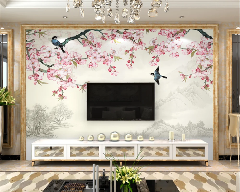 

Custom wallpaper Chinese magnolia flowers and birds high-end living room TV sofa background wall decorative painting murals