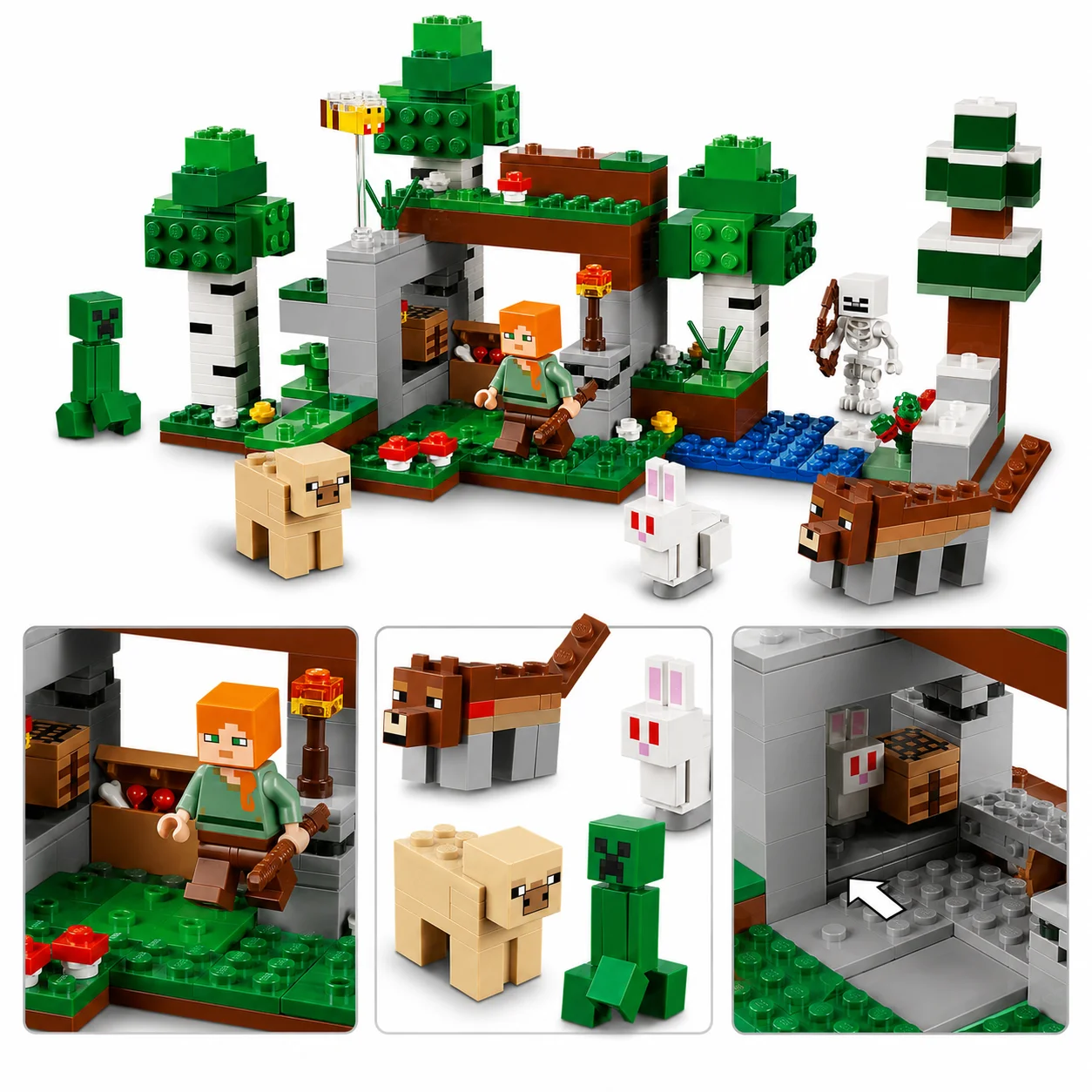 Фото Игровой набор LEGO Minecraft: Приключение в первый разряд, включающий фигурки Алекс, Скелета и Крипера ™ Вудс Волф, Колд Пиг, Албино Кролик, А Би, 301 деталь, 21593 №5