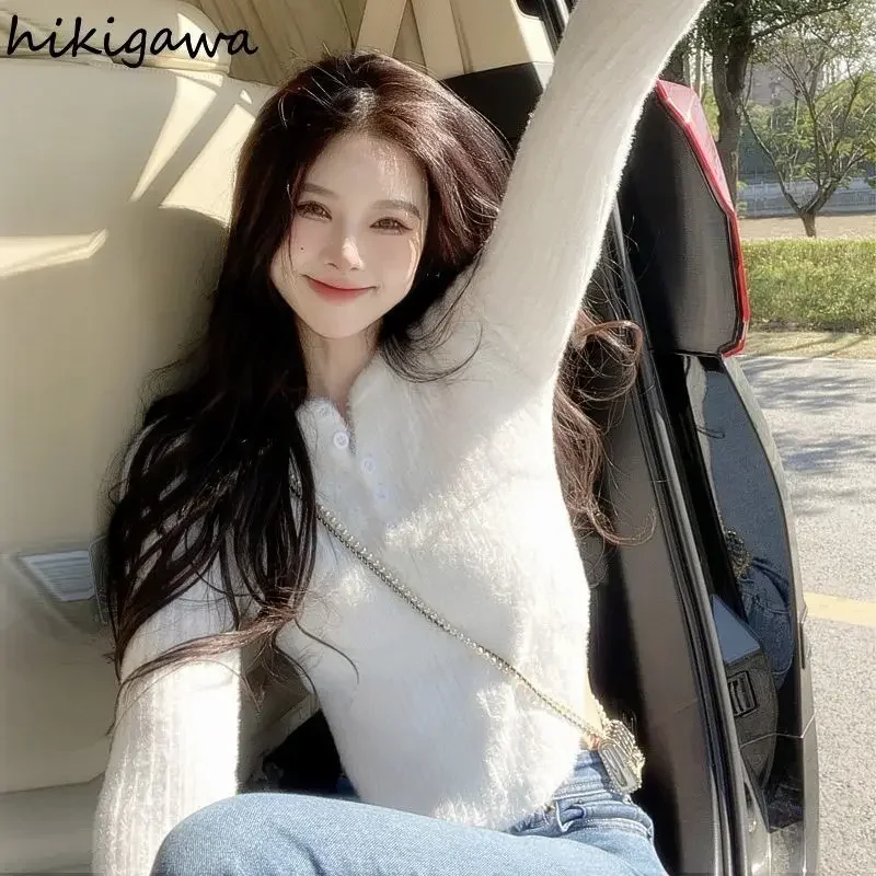 Белый свитер женский 2024 Ropa Mujer туника с круглым вырезом пушистый джемпер модный