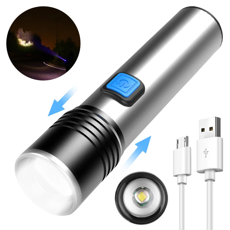 

Super Bright Rechargeable T6 LED Flashlight Waterproof Torch 3 Lighting Modes Zoomable Camping Light Built-in 1200mAh Battery