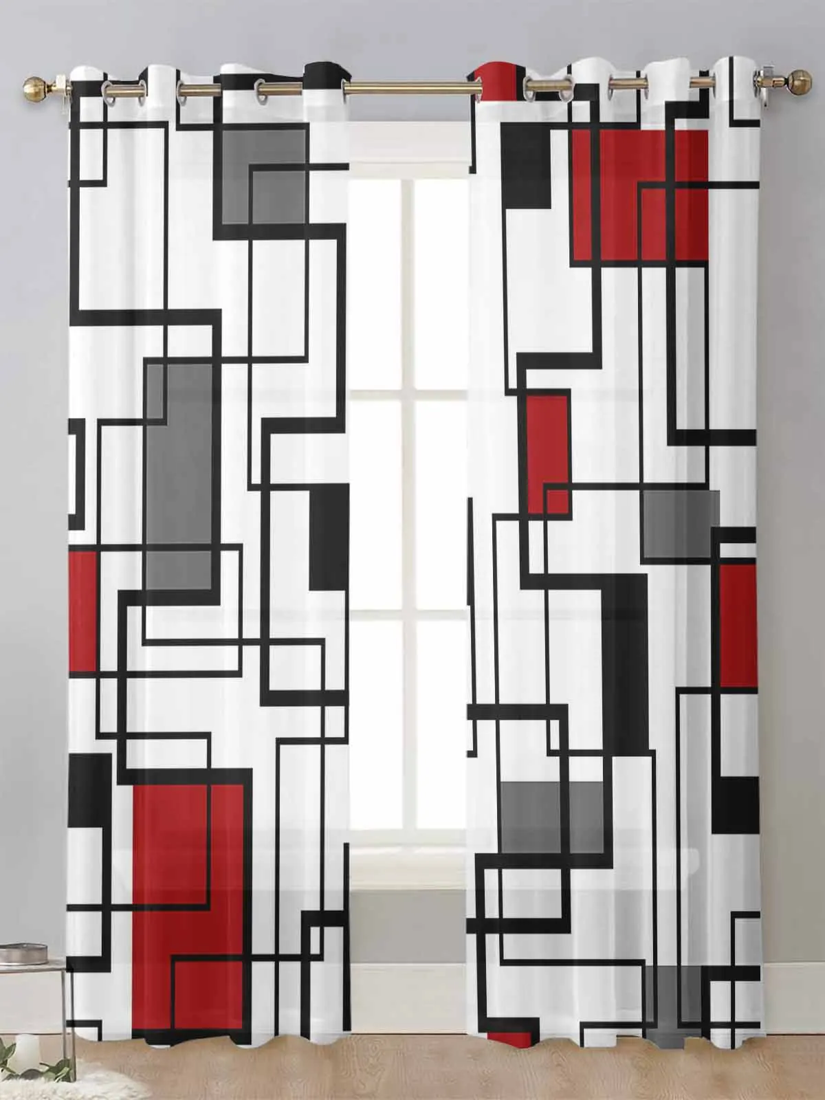 

Abstract Geometry Squares Modern Art Black Red Sheer Curtains Living Room Window Voile Tulle Curtain Cortinas Drapes Home Decor