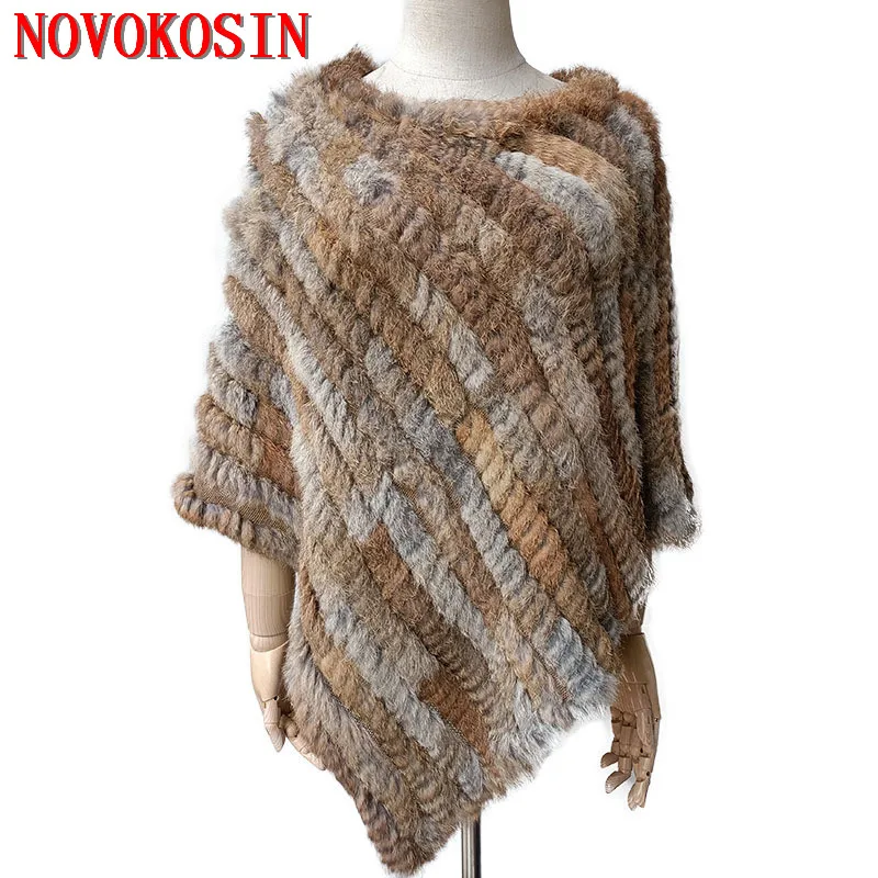 27 Colors Women Rabbit Fur Striped Knit Triangle Poncho Winter Out Street Wear Shawl Coat Batwing Sleeves Loose Pullovers Capes