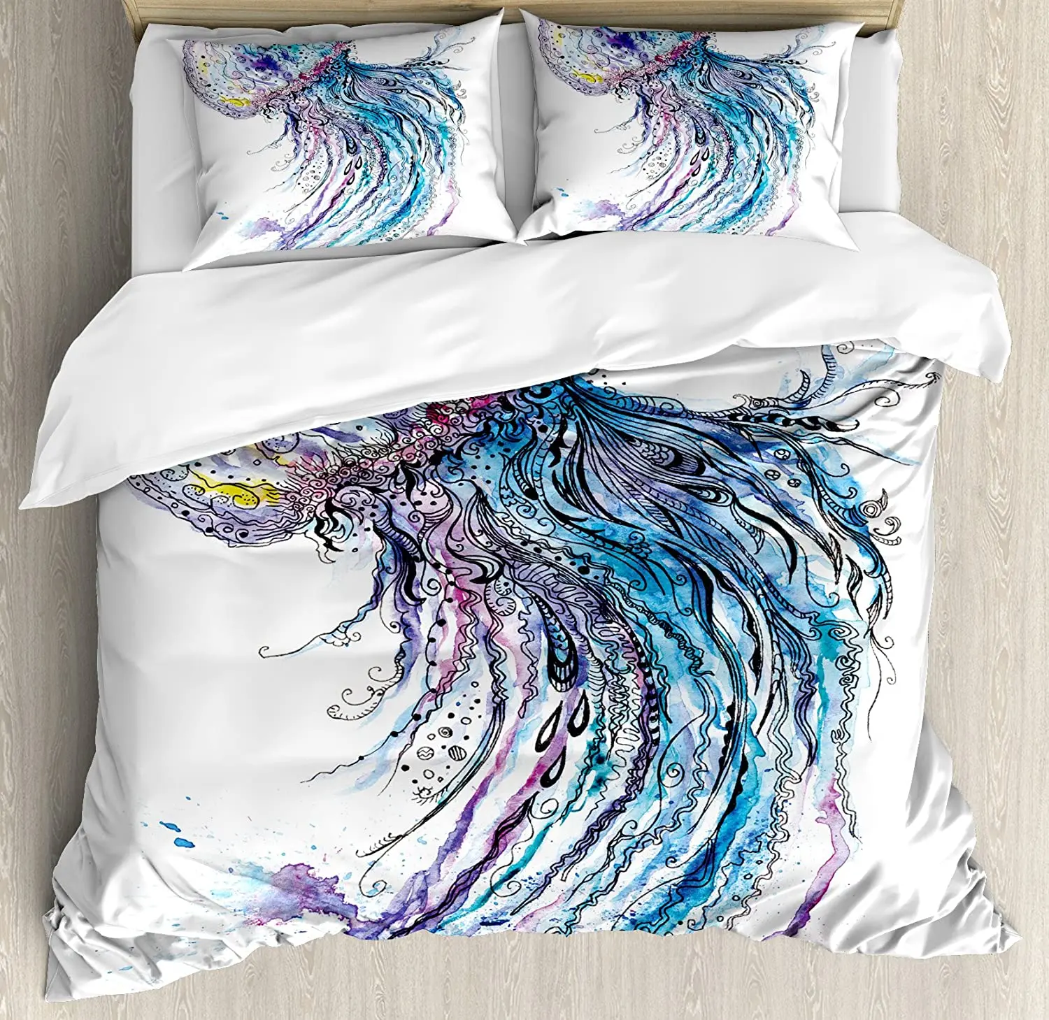 

Jellyfish Double Bed Duvet Cover Set Aqua Colors Art Ocean Animal Print Sketch Style Creative Sea Marine Theme Bedding Set