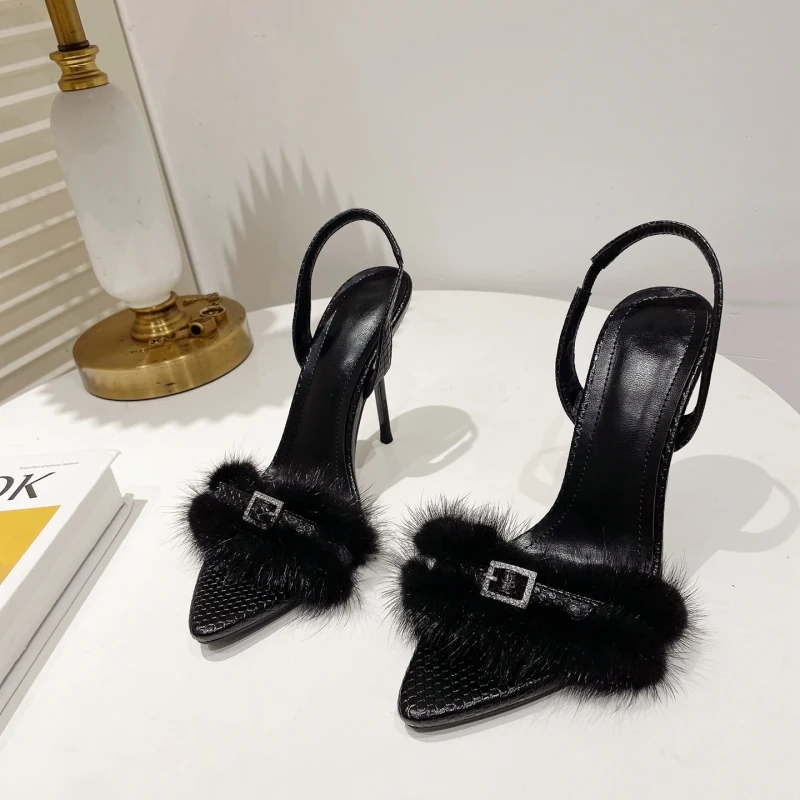 

2023 New Summer Women's High-heeled Sandals Pointed Rabbit Hair Rhinestone Square Buckle Strap Sandals Banquet Shoes