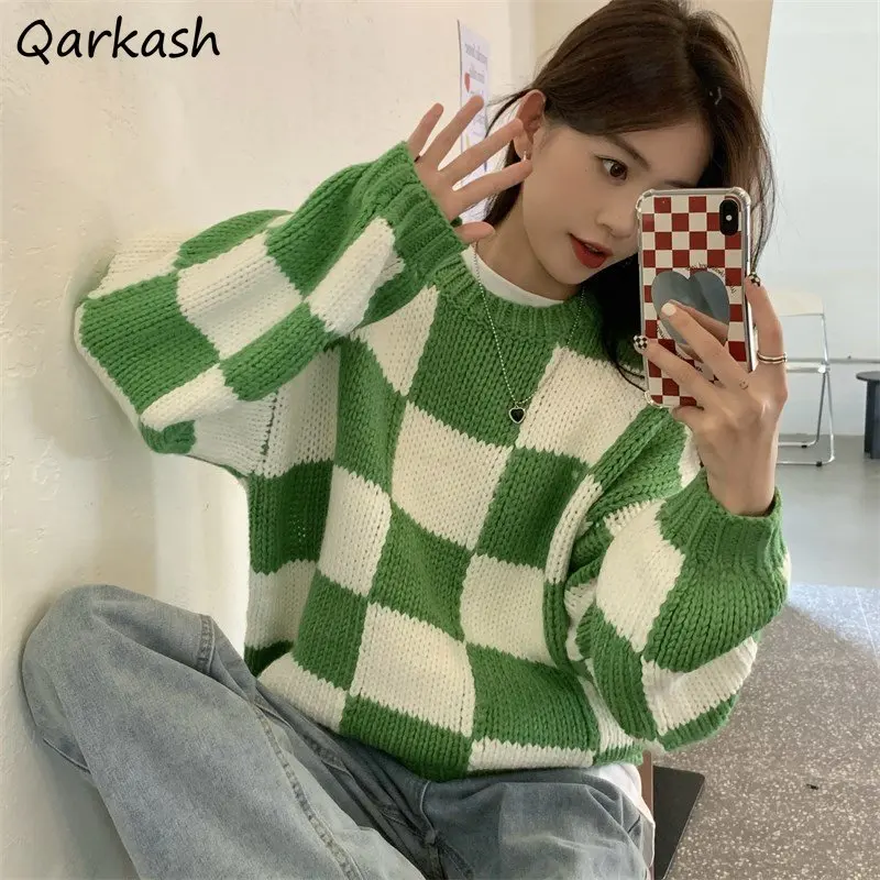 

Green Plaid Pullovers Women O-neck Temper Retro Knitwear Baggy Korean Fashion Streetwear Preppy Students Sweet Girlish Autumn BF