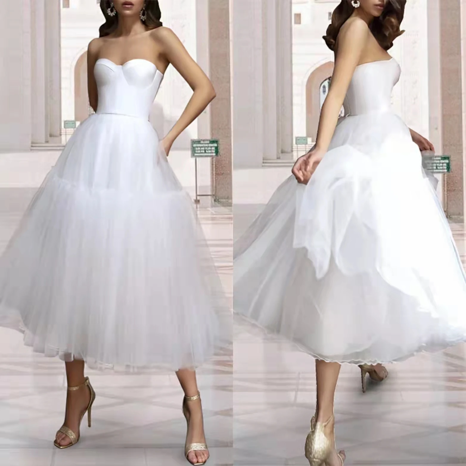 

Классические короткие свадебные платья из тюля, ТРАПЕЦИЕВИДНОЕ платье для невесты до середины икры, свадебное платье, индивидуальный пошив