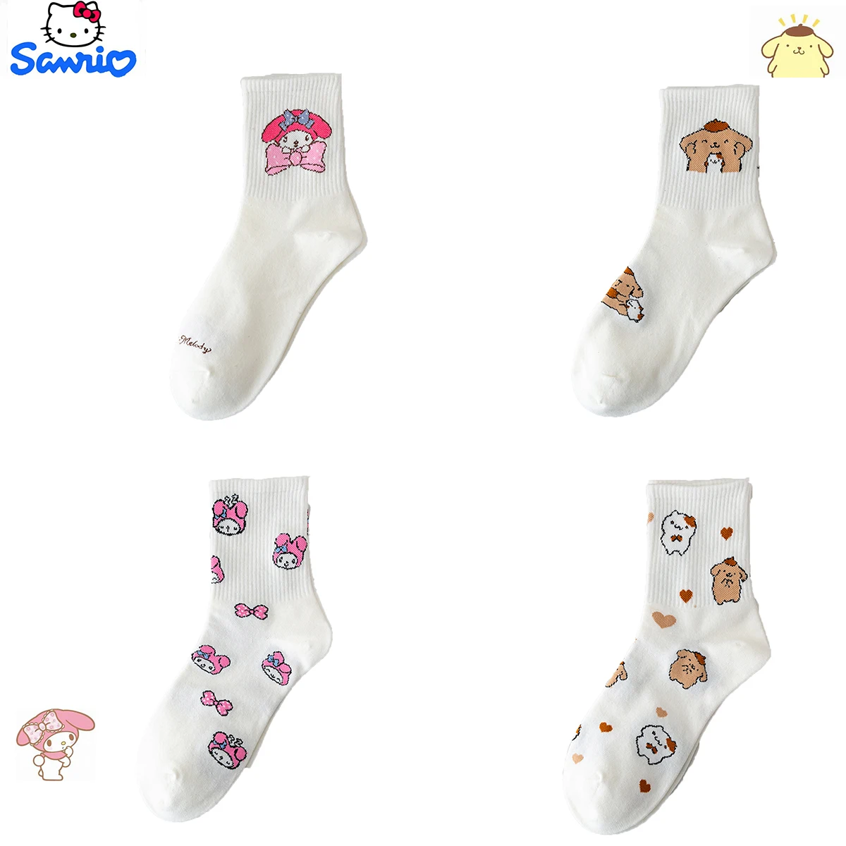 

6Sets-Pc Sanrio Melody Pom Pom Purin Cinnamoroll Cartoon Women's Versatile Mid Length Socks Y2K Autumn and Winter Cotton Socks