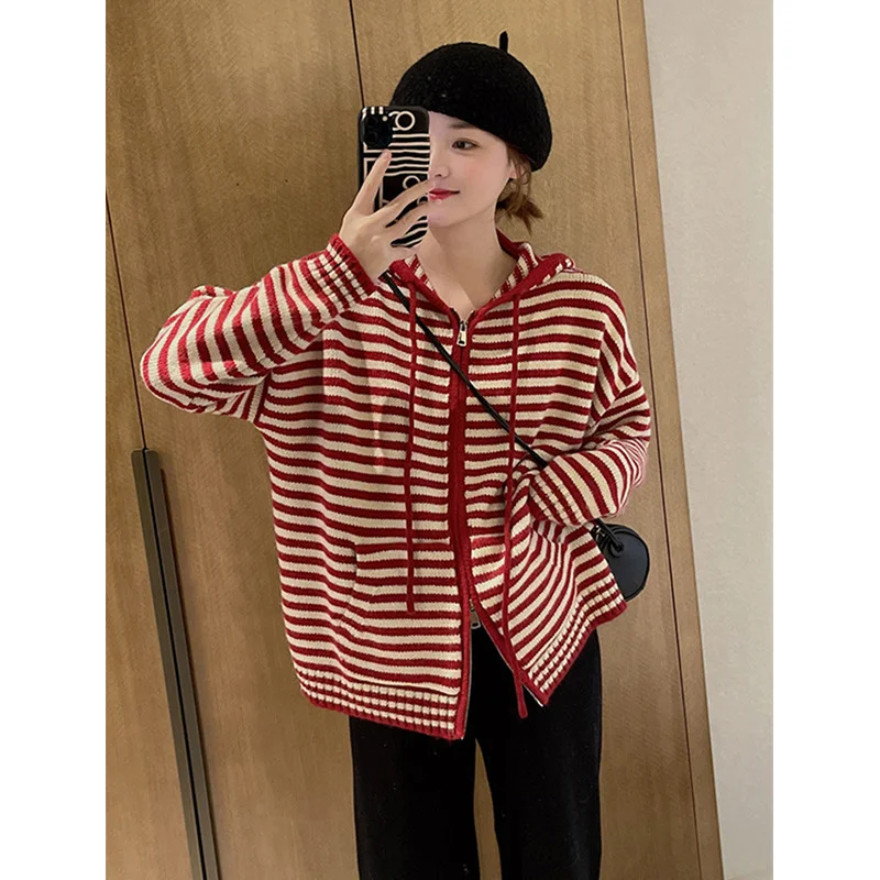 

Korean Fashion Stripes Hooded Knit Cardigan Woman Red Loose Casual Autumn Winter Sweater Zipper Coat Oversized Long Sleeve 2023