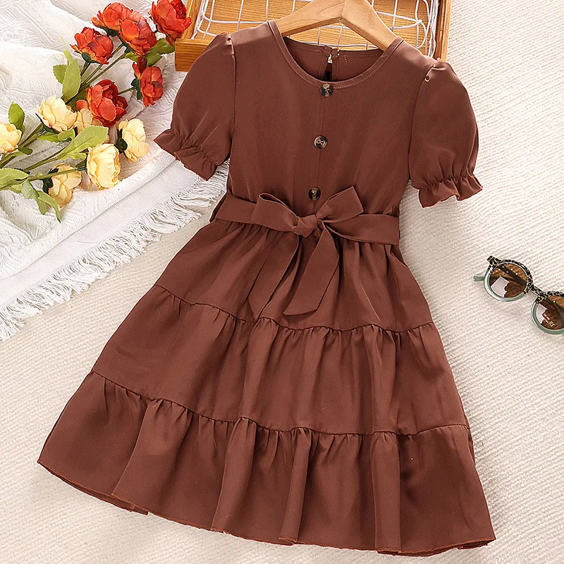 

Summer 2022 New Arrivals Girls Short Sleeve O Neck Bow Sashes Coffee Dress Infantil Menina Cute Party Dress Custume 4-7T