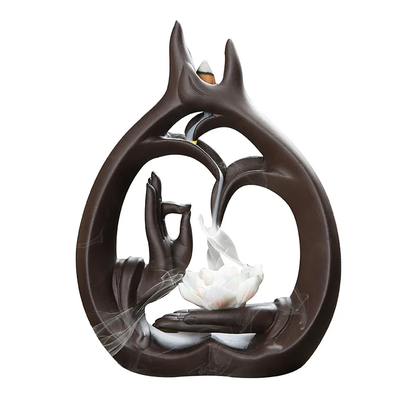 

Home Decor Lotus Backflow Incense Burner Buddha Hands With Lotus and Bottle Incense stove sandalwood incense Zen Garden Decor