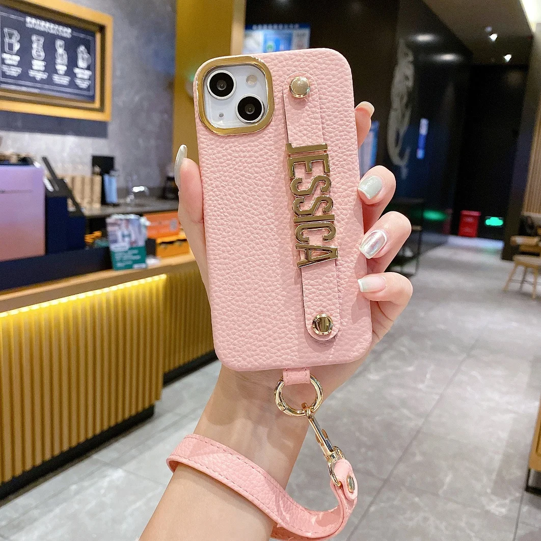 Personalise Name Strap PU Lychee Leather Phone Case For iPhone 11 12 13 14 Pro Max Plus Lanyard Diamond Metal Letter Cover