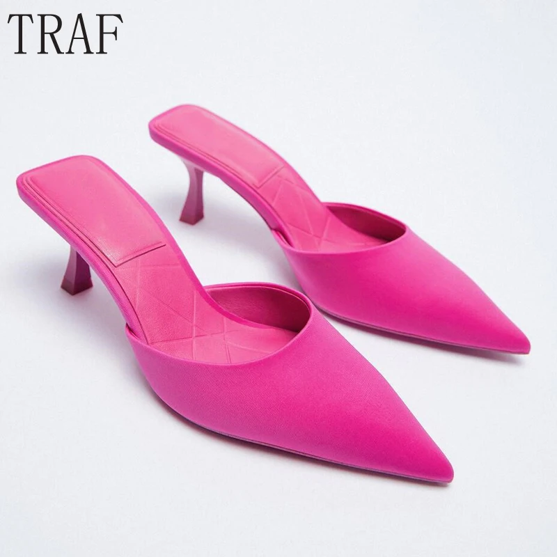 

TRAF Zar 2022 Rose Red High Heels Women Fashion Pointed Toe High-Heeled Sandals Slingback Stiletto Mules Elegant Woman Heels
