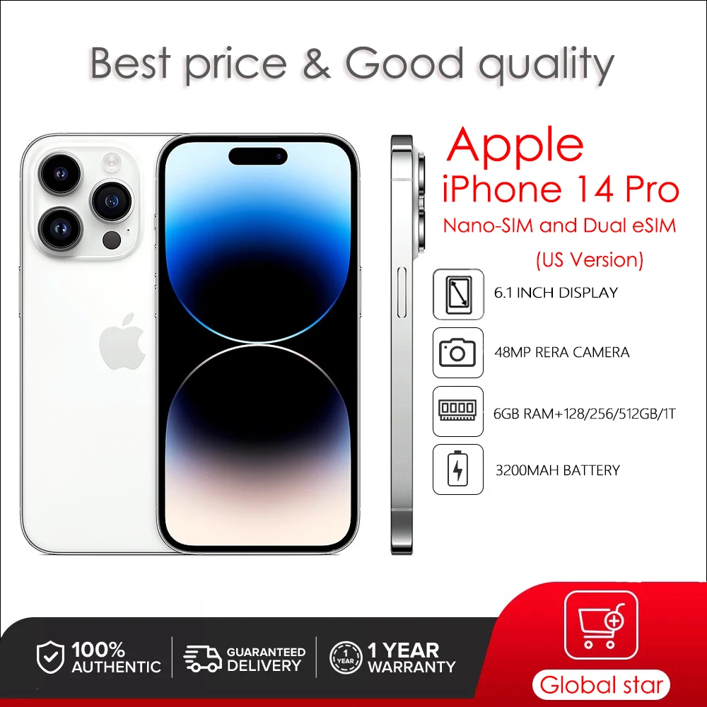 

Original Used Unlock Apple iPhone 14 Pro 128/256/512GB/1T ROM 6GB RAM Nano-SIM and Dual eSIM 6.7" Genuine Retina OLED Face ID